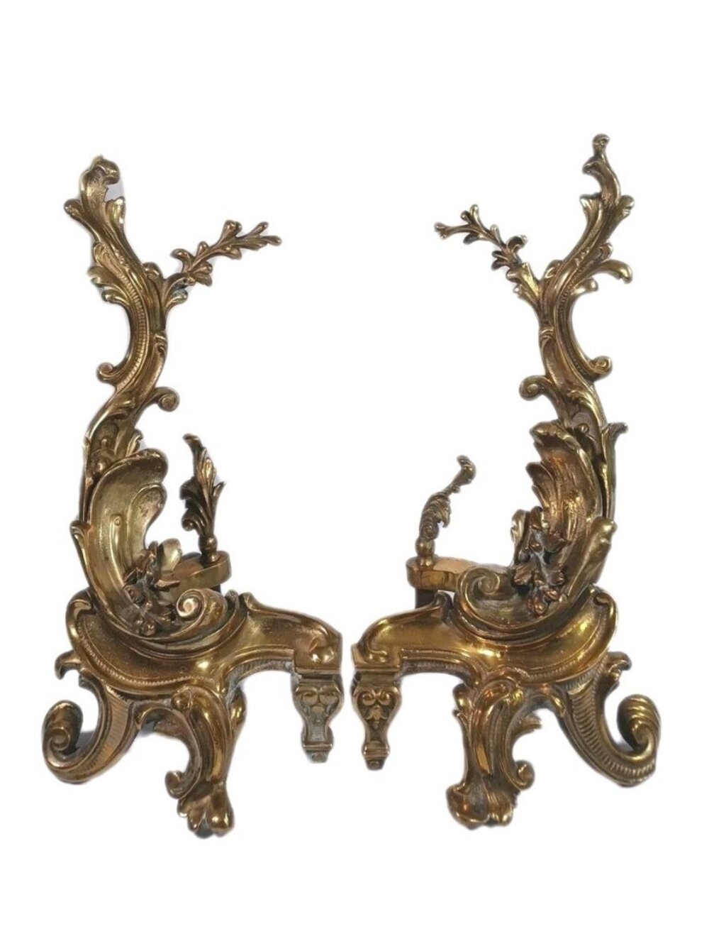 Andirons Roccoco Louis XV Vintage Solid Brass Acanthus Leaves Fireplace Chenets